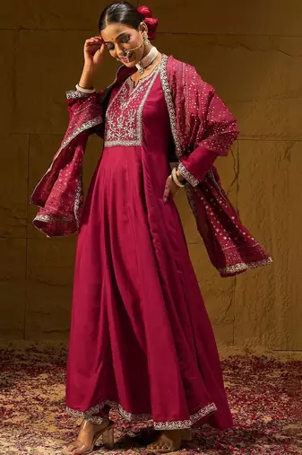 Women Ethnic Motifs Embroidered Panelled Thread Work Kurta with Trousers & With Dupatta