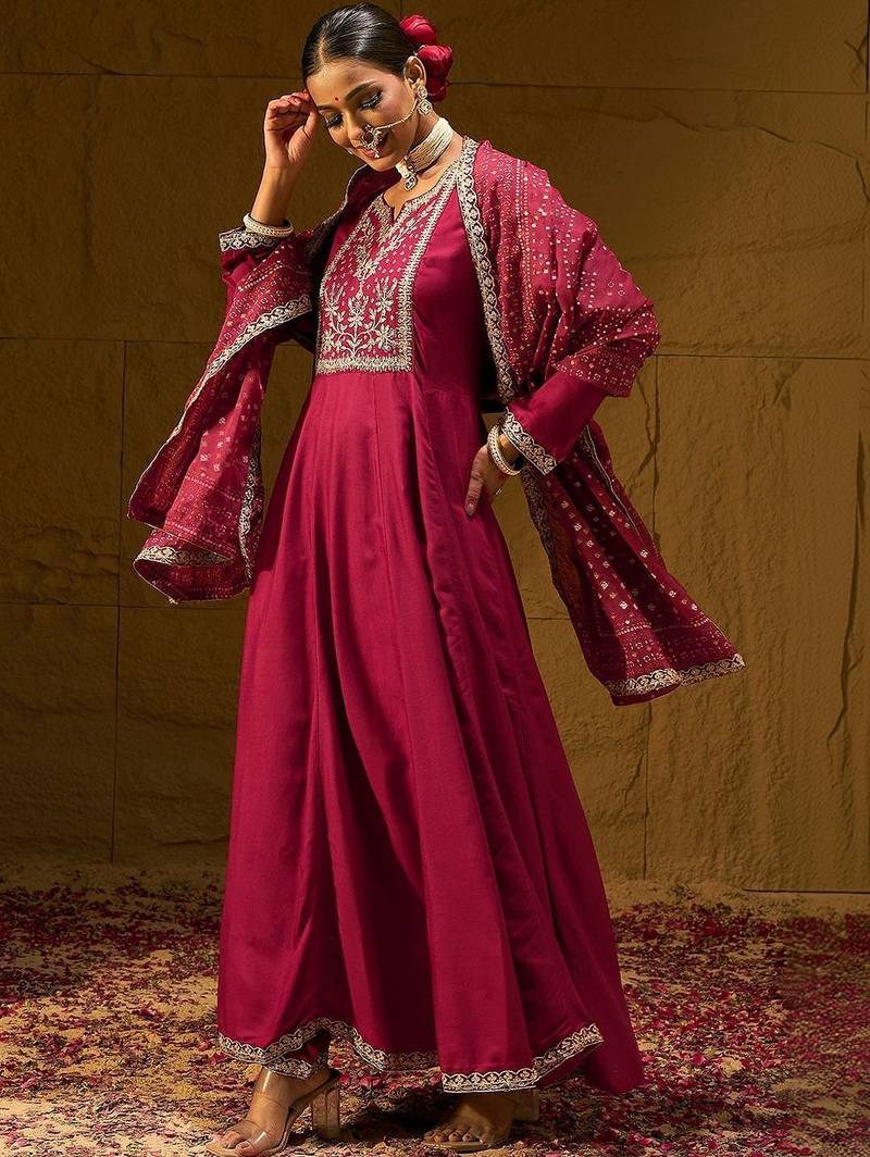 Women Ethnic Motifs Embroidered Panelled Thread Work Kurta with Trousers & With Dupatta