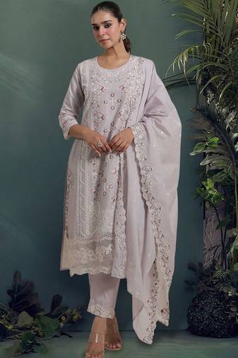 Women Floral Embroidered Regular Thread Work Pure Cotton Kurta with Trousers & With Dupatta