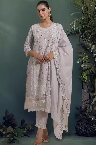 Women Floral Embroidered Regular Thread Work Pure Cotton Kurta with Trousers & With Dupatta