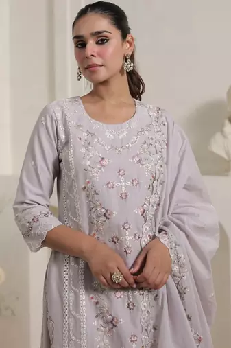 Women Floral Embroidered Regular Thread Work Pure Cotton Kurta with Trousers & With Dupatta