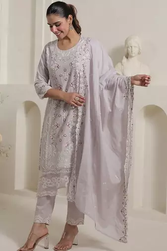 Women Floral Embroidered Regular Thread Work Pure Cotton Kurta with Trousers & With Dupatta