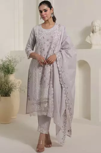 Women Floral Embroidered Regular Thread Work Pure Cotton Kurta with Trousers & With Dupatta