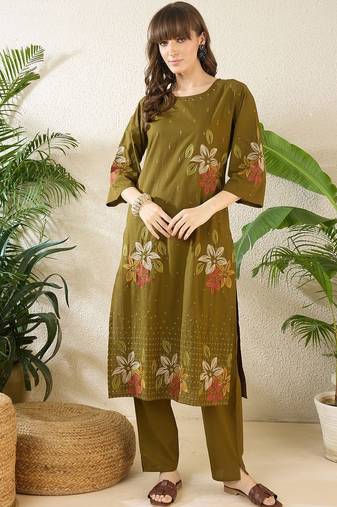Women Floral Embroidered Regular Sequinned  Cotton Kurta with Trousers