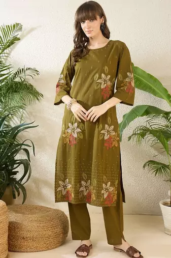 Women Floral Embroidered Regular Sequinned Pure Cotton Kurta with Trousers