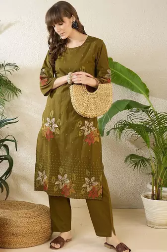 Women Floral Embroidered Regular Sequinned Pure Cotton Kurta with Trousers