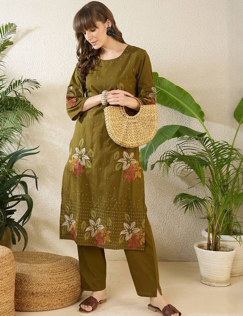 Women Floral Embroidered Regular Sequinned Pure Cotton Kurta with Trousers