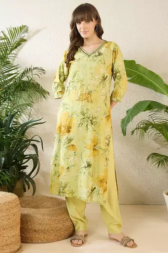 Floral Printed Thread Work Pure Cotton Kurta With Palazzos