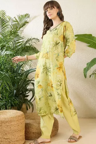 Floral Printed Thread Work Pure Cotton Kurta With Palazzos