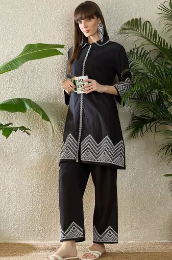 Embroidered Thread Work Pure Cotton A Line Kurta With Trousers