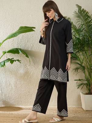 Embroidered Thread Work Pure Cotton A Line Kurta With Trousers 3