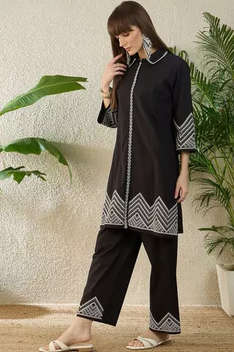 Embroidered Thread Work Pure Cotton A Line Kurta With Trousers