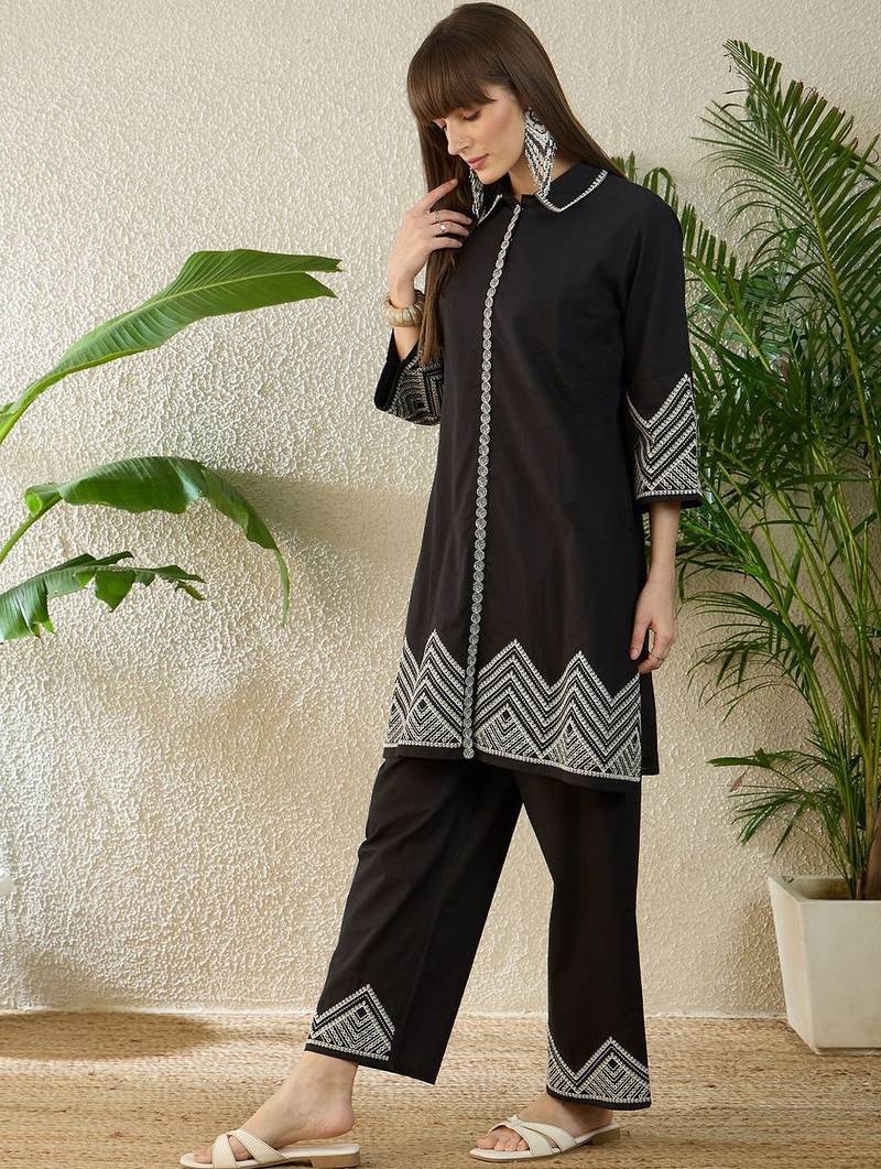 Embroidered Thread Work Pure Cotton A Line Kurta With Trousers