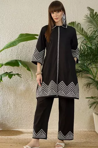 Embroidered Thread Work Pure Cotton A Line Kurta With Trousers