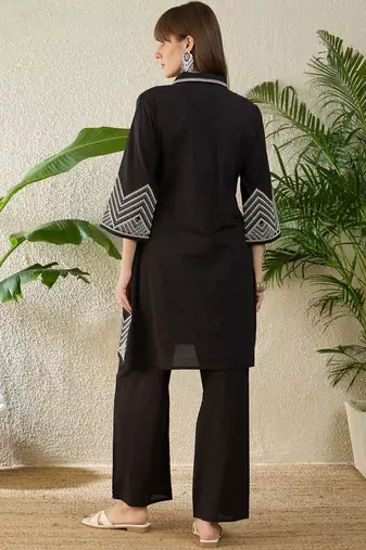 Embroidered Thread Work Pure Cotton A Line Kurta With Trousers