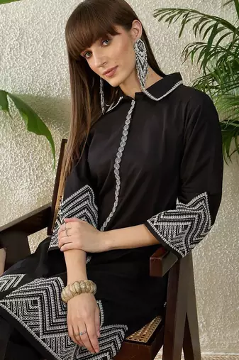 Embroidered Thread Work Pure Cotton A Line Kurta With Trousers