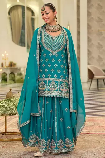 Women Ethnic Motifs Embroidered Kurta with Sharara & Dupatta
