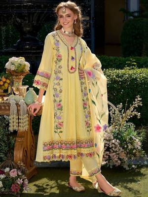 Floral Embroidered Thread Work Pure Cotton Kurta With Trousers & Dupatta 1