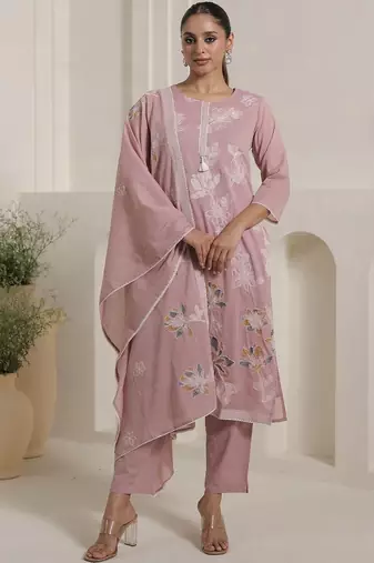 Women Solid Cotton Kurta with Trousers & Dupatta