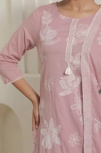 Women Solid Cotton Kurta with Trousers & Dupatta