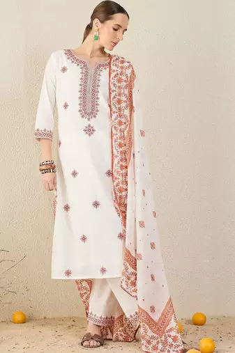 Women Floral Embroidered Cotton Kurta with Trousers & Dupatta