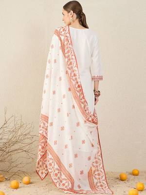 Women Floral Embroidered Cotton Kurta with Trousers & Dupatta 4