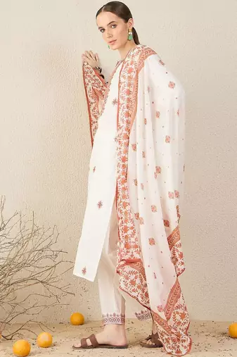 Women Floral Embroidered Cotton Kurta with Trousers & Dupatta