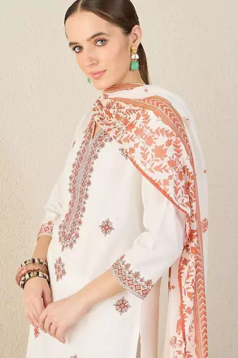 Women Floral Embroidered Cotton Kurta with Trousers & Dupatta