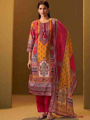 Ethnic Motifs Printed Thread Work Straight Kurta With Trousers & Dupatta 1