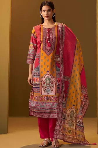 Ethnic Motifs Printed Thread Work Straight Kurta With Trousers & Dupatta