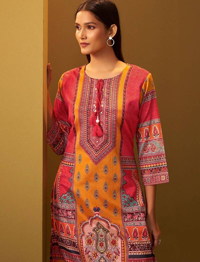 Ethnic Motifs Printed Thread Work Straight Kurta With Trousers & Dupatta