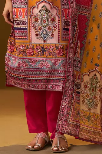 Ethnic Motifs Printed Thread Work Straight Kurta With Trousers & Dupatta