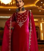 Floral Yoke Design Sequinned Velvet Straight Kurta With Trousers & Dupatta