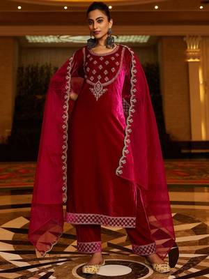 Floral Yoke Design Sequinned Velvet Straight Kurta With Trousers & Dupatta 2
