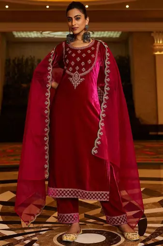 Floral Yoke Design Sequinned Velvet Straight Kurta With Trousers & Dupatta