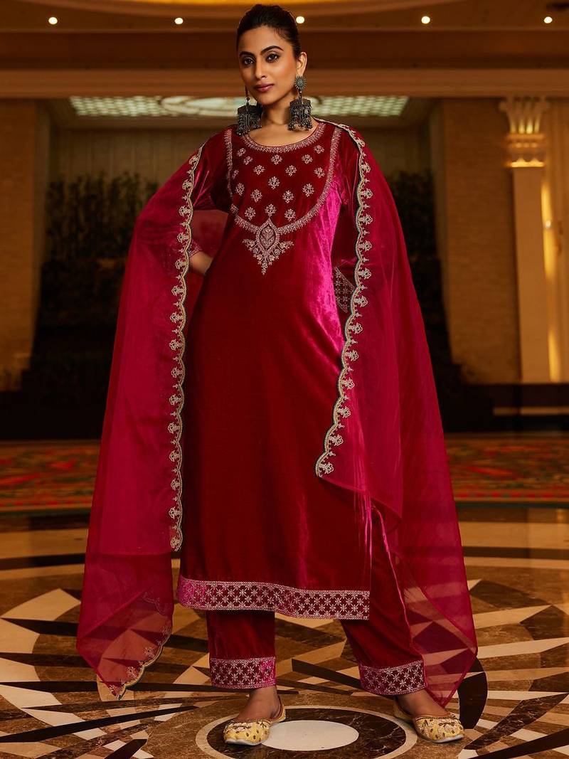 Floral Yoke Design Sequinned Velvet Straight Kurta With Trousers & Dupatta