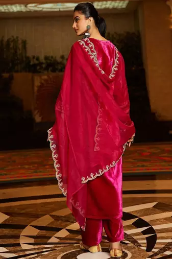 Floral Yoke Design Sequinned Velvet Straight Kurta With Trousers & Dupatta