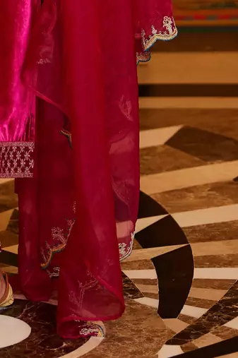 Floral Yoke Design Sequinned Velvet Straight Kurta With Trousers & Dupatta