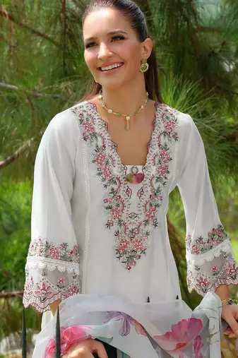 Floral Yoke Design Square Neck Thread Work A-Line Kurta With Trousers & Dupatta