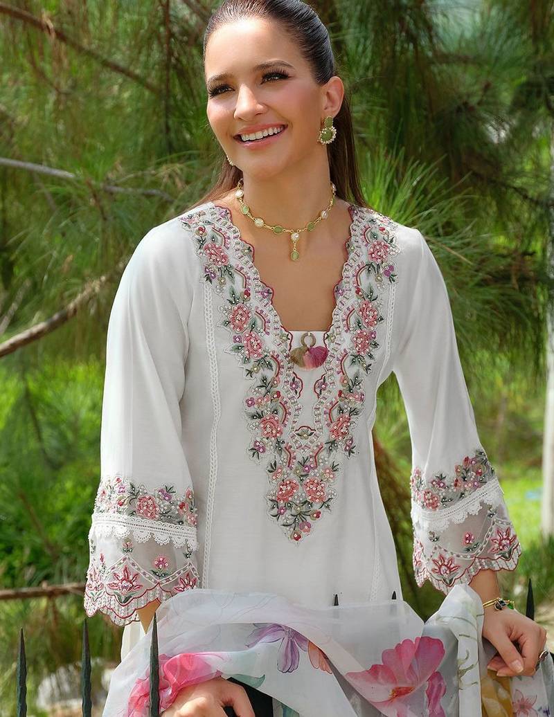 Floral Yoke Design Square Neck Thread Work A-Line Kurta With Trousers & Dupatta