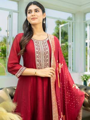 Ethnic Motifs Embroidered Sequinned A Line Kurta With Trousers & Dupatta 1