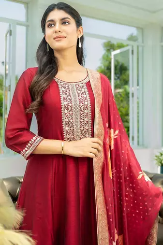 Ethnic Motifs Embroidered Sequinned A Line Kurta With Trousers & Dupatta