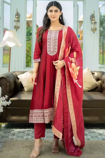 Ethnic Motifs Embroidered Sequinned A Line Kurta With Trousers & Dupatta