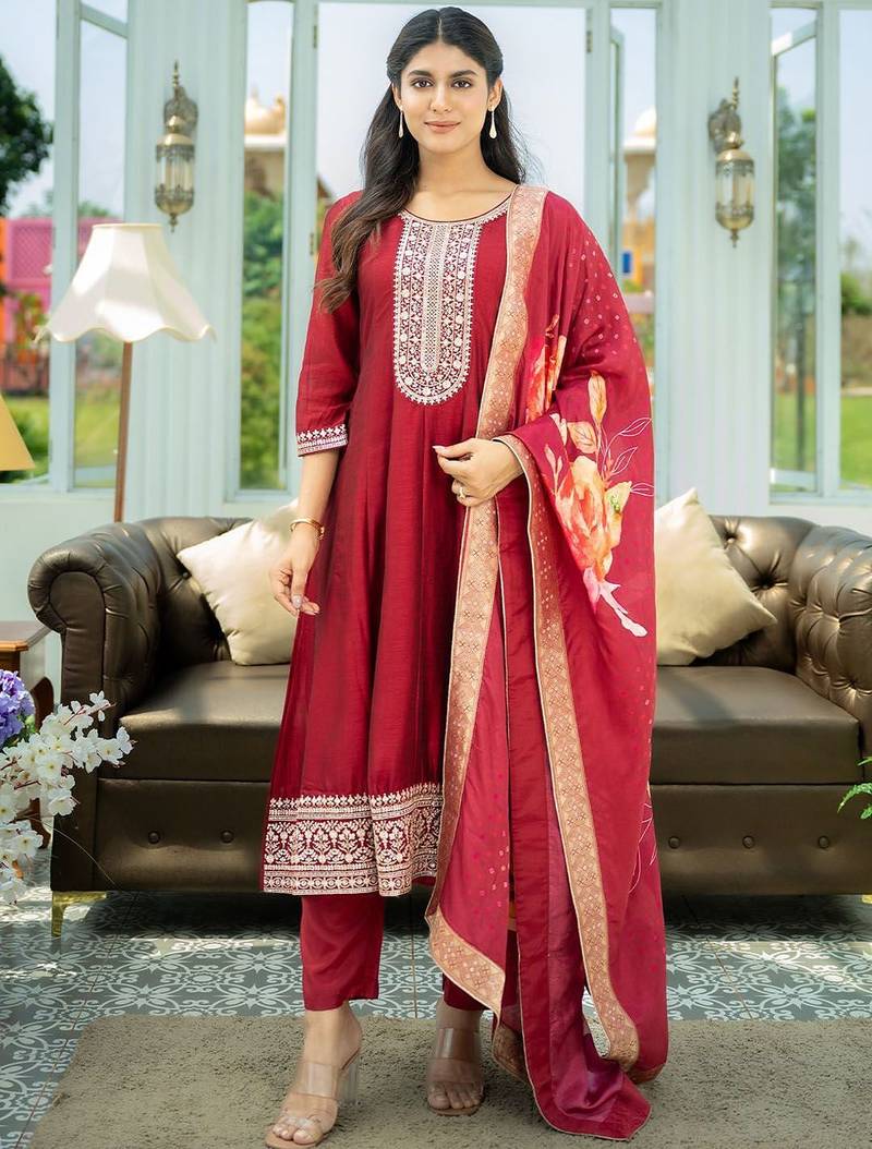 Ethnic Motifs Embroidered Sequinned A Line Kurta With Trousers & Dupatta