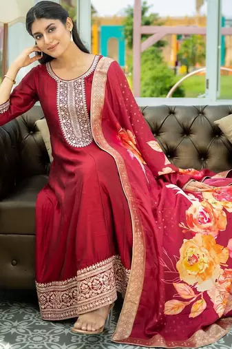 Ethnic Motifs Embroidered Sequinned A Line Kurta With Trousers & Dupatta