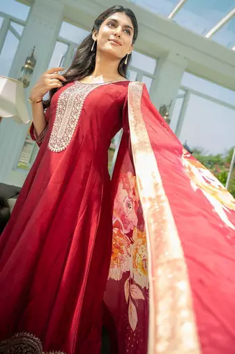 Ethnic Motifs Embroidered Sequinned A Line Kurta With Trousers & Dupatta
