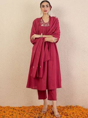Women Regular Sequinned Pure Cotton Kurta with Trousers & Dupatta 5