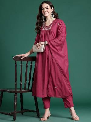 Floral Pleated Sequinned Pure Cotton Kurta with Trousers & With Dupatta 1