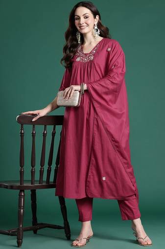 Floral Pleated Sequinned  Cotton Kurta with Trousers & With Dupatta