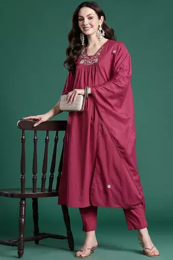 Floral Pleated Sequinned Pure Cotton Kurta with Trousers & With Dupatta